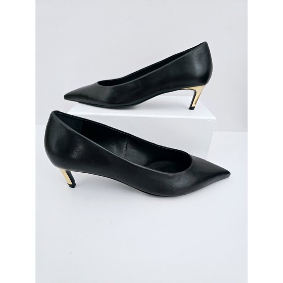 Schutz Lou Mid Curve Black Gold Kitten Heel Pointed Toe Leather Pump Shoes 7.5 - Picture 1 of 12